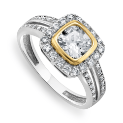 Yellow Gold & Sterling Silver Diamond & Created Sapphire Cushion Ring