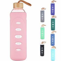 Ferexer 48 oz Sports Borosilicate Glass Water Bottle with Bamboo Lid with Sleeve