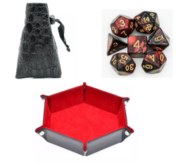 Red Dice Rolling Tray With Red And Black Marbled Dice And Leather Dice Bag