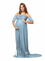 Justvh Maternity Off Shoulder Ruffle Sleeve Lace Wedding Gown Maxi Photography Dress For Photo Shoot Dress Lake Blue