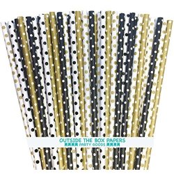 Outside The Box Papers Black And Gold Polka Dot Paper Straws 7.75 Inches 100 Pack Black Gold White
