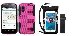 Combo Pack Hot Pink black Astronoot Phone Protector Cover For LG E960 Nexus 4 And Universal Black Waterproof Pouch With Lanyard And Armband For Apple