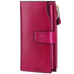 S-zone Women's Rfid Blocking Large Capacity Genuine Leather Clutch Wallet Ladies Purse Card Holder Organizer Rose Red