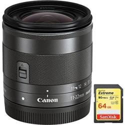 Canon Wide Angle Ef-m 11-22MM F 4-5.6 Is Stm Lens 7568B002 With Sandisk 64GB Extreme Sd Memory Uhs-i Card W 90 60MB S Read write