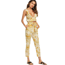 Ruffle Detail Tropical Top And Belted Pants Set