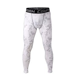 Wogiz Men's And Yonth Boy Compression Pants Running Tights Length Pants Leggings White Camouflage Grid XL
