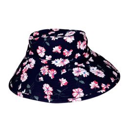 Navy And Pink Flowers Ladies Bucket Sun Hat With Extra Cover