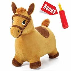 Iplay Ilearn Bouncy Pals Yellow Hopping Horse Outdoor Ride On Bouncy Animal Play Toys Inflatable Hopper Plush Covered W Pump Birthday Gift For 18