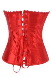 SATIN RED Boned Overbust Corset With RED Lace Trim RED Sheer Bust Panel And Ribbon Lace-up B