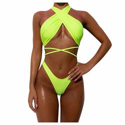 Latinday Women's High Neck Criss Cross Tie Side Bikini Swimsuits Two Pieces Bikini Green