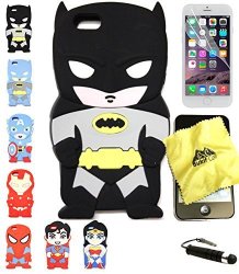Bukit Cell 3D Superhero Case Bundle 4 Items: Batman Black Cute Justice League Cartoon Soft Silicone Case For 4.7 Inch Iphone 6S 6