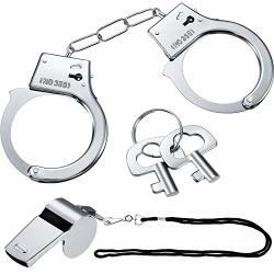 Gejoy Metal Handcuffs With Keys Police Handcuff Stainless Steel Toy Handcuff Silver Metal Whistles Costume Accessories For Cosplay Police Fancy Dress Ball Halloween Party Prop