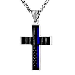 XPDO Blue Line Cross Prayer Christ Necklace Pendant Custom 24 Inch