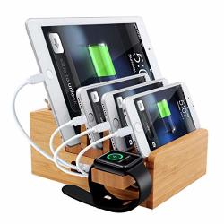 Icozzier Bamboo 5-PORT Fast USB Charging Station Dock Desktop Organizer holder For Apple Watch Iphone Ipad Iwatch Standcord Organizer Multi-devices Docking Station Upgraded Version