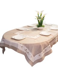 Embroidered Linen Table Cloth - Beige white 8 Seat
