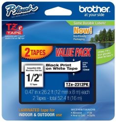 Brother TZE2312PK 1 2-INCH Standard Laminated P-touch Tape Black On White 26.2 Feet 2-PACK