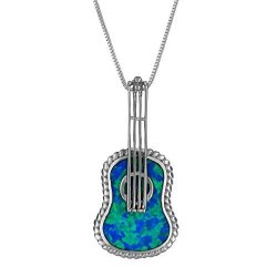 Sterling Silver Synthetic Blue Opal Ukulele Pendant Necklace 16+2" Extender