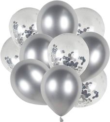 50 Piece - Metallic Silver And Confetti Helium Balloons Round