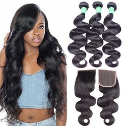 Raw Indian Body Wave Bundles With Closure With Baby Hair Bleached Knots 7A Unprocessed Indian Remy Hair 3PCS With Lace Closure Natural Color 14 16 18+12 Free