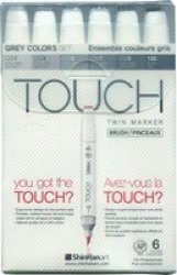 Touch Twin Brush Grey Colours Marker Pen Set 6 X Assorted Grey Colours