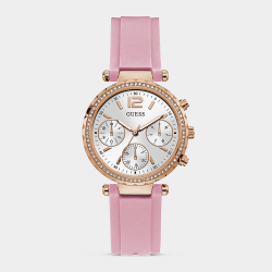Guess Women&apos S Solstice Rose Plated Stainless Steel Chronograph Silicone Watch