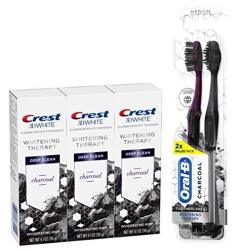 Crest 3D White Whitening Therapy Charcoal Deep Clean Fluoride Toothpaste Triple Pack And Oral-b Charcoal Whitening Therapy Toothbrush Medium Twin Pack