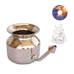 Healthandyoga Tm Superior Neti Pot Learner + Improver Kit Unbreakable Stainless Steel Pot - Smooth 'leak Plug' Nose Tip Pure Salt 25 Pcs Instructional DVD