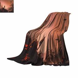 Smllmoondecor Lightweight Blanket Fantasy Art House Decor Cartoon Woman Hiker Looks At Abandoned City Urban Lonely Girl Image Salmon Brown All Season Blanket Bed