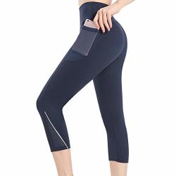 Picotee Women's Yoga Pants High Waist Workout Capri Leggings Sports Running Active Tights W Side Pocket Capri Leggings-navy Blue L