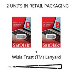 Sandisk Cruzer Force 16GB SDCZ71-016G - 2 Pack In Retail Packaging Flash USB Drive Jump Drive Pen Drive + Wisla Trust Tm Lanyard