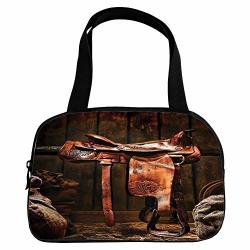 Polychromatic Optional Small Handbag Pink Western American West Traditional Authentic Style Rodeo Cowboy Saddle Wood Ranch Barn Image Dark Brown For Girls Print DESIGN.6.3"X9.4"X1.6