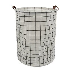 Laundry Storage Basket For Bedroom Bathroom Kids Canvas White And Plaid 15.7"X15.7"X19.7