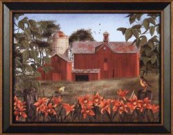 Summer Days By Billy Jacobs 15X19 Red Barn Robin Tiger Lilies Flowers Birds Fencepost Framed Folk Art Print
