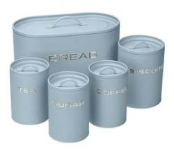 5PC Stylish Matte Blue Metal Kitchen Storage Set Including Oval Bread Bin And Round Biscuit Tin Tea Coffee And Sugar Canisters.