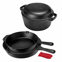 Cast Iron Skillet Bundle 10-INCH 12-INCH And Double Dutch Oven Set Oven Safe Cookware - 2 Heat-resistant Holders - Indoor And Outdoor Use