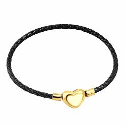 555JEWELRY Stainless Steel Heart Charm Bracelet Black Bracelet For Women Braided Leather Charm Bracelet Black Leather Bracelet For Women - Gold Heart 6.5 Inch