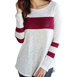 Napoo Spring Fashion Women Striped Patchwork Long Sleeve Blouse Tops Clothes XS Wine Red