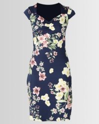 G Couture Cap Sleeve Sweetheart Printed Dress Navy