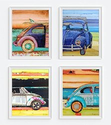 Volkswagen Vw Bug Beetle Art Prints Set Of 4 By Danny Phillips Unframed Mixed Media Collage Wall Art Decor Posters 8X10 Inches