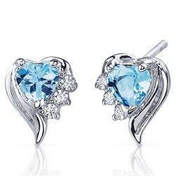 SWISS Blue Topaz Earrings Sterling Silver Heart Shape Cz Accent