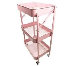 Foldable Assembly - Free Home Storage Steel Trolley Cart - Pink