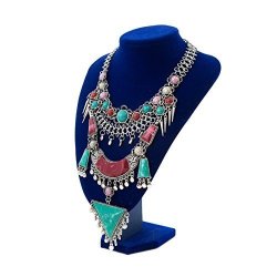 Miraculous Garden Womens Vintage Alloy Silver gold Long Boho Bohemian Necklace Ethnic Tribal Boho Necklace Geometry Red Turquoise Beads Statement Necklace Antique Silver