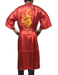 YueLian Men's Long Satin Chinese Dragon Embroidery Robe Kimono Bathrobe Sleepwear Red