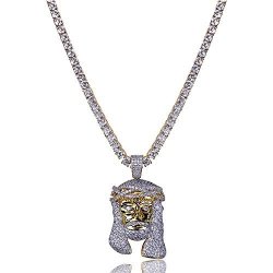 Topgrillz Men 14K Gold Plated Iced Out Cz Simulated Diamond Big Stones Crown Jesus Piece Pharaoh Prayer Hand Cross Pendant Necklace With Stainless Steel