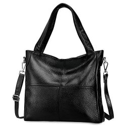 S-zone Women's Genuine Leather Large Tote Handbag Shoulder Crossbody Bag Black