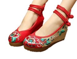 Avacostume Women's Embroidery Floral Strappy Round Toe Platform Wedges Cheongsam 41 Red