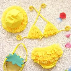 Baby Girl Bikini Lace 3 Pieces Bikini Set Cute Swimsuit With Hat Size: S Yellow
