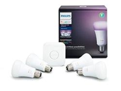 Philips Hue White And Color Ambiance A19 60W Equivalent LED Smart Bulb Starter Kit 4 A19 Bulbs And 1 Hub Compatible With Amazon Alexa