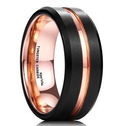 KING Will Mens 8mm Black Matte Finish Tungsten Carbide Ring 18k Rose Gold Plated Beveled Edge Wedding Band 10