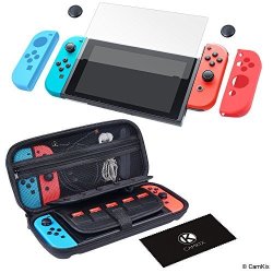 Camkix Compatible Grip And Protection Kit Replacement For Nintendo Switch: Nylon Case With 20 Game Card Inserts Tempered Glass Screen Protector Joy Con Covers